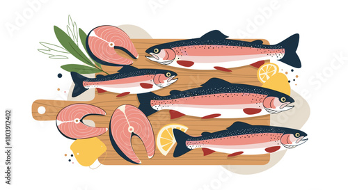 Freshly Caught Rainbow Trout Steaks and Whole Fish Prepared on a Wooden Cutting Board with Lemons and Herbs