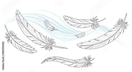 Abstract Artistic Representation of Feathers Floating on Gentle Wavy Air Currents Flowing Gracefully Through the Scene