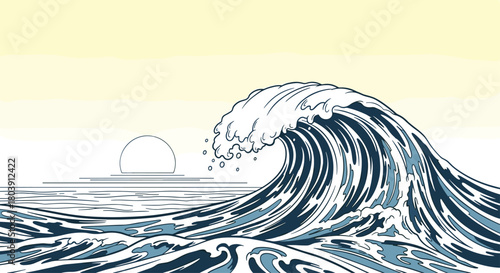 Majestic Ocean Wave Crashing Against a Serene Horizon Under a Pale Yellow Sky