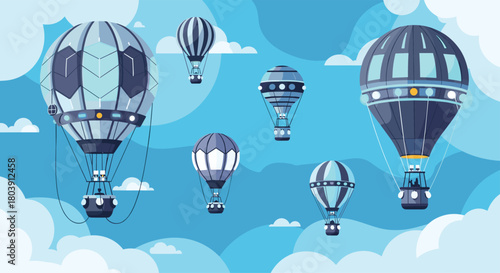 Futuristic Hot Air Balloons Floating Through the Clouds in a Digital Sky