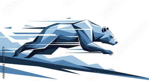 Abstract Geometric Bear Running Fast Through Snowy Mountain Landscape Dynamic Motion Art Illustration