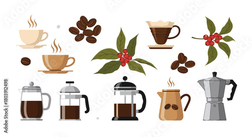 Collection of Delicious Coffee Illustrations Featuring Beans Brew Methods and Fresh Berries