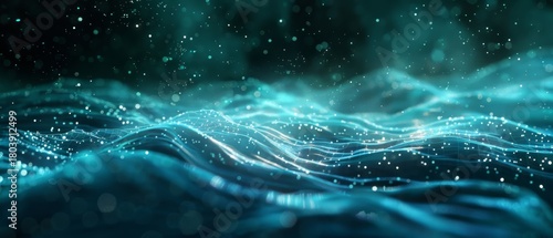 Fototapeta Naklejka Na Ścianę i Meble -  Digital artwork showing ocean waves with glowing blue highlights and fluid motion in a futuristic abstract style.