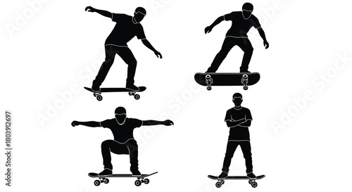 Dynamic skateboarder poses showcasing agility and balance in silhouette
