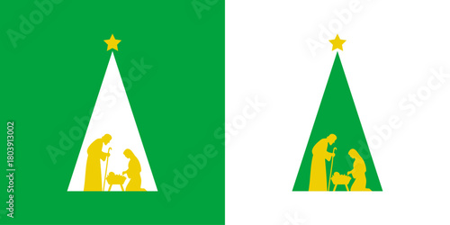 Logo con árbol de navidad con forma de triángulo sencillo y estrella con escena de la natividad con San José, la Virgen María y el niño Jesús