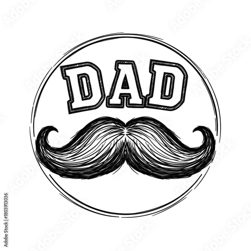 Father’s Day logo with bold “Dad” lettering and a classic mustache, symbolizing fatherhood and celebration. Sketch vector illustration, isolated on a transparent background