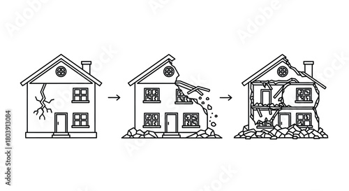 Illustrative house damage stages symbolizing gradual deterioration