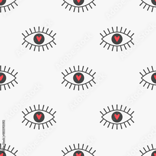 Cute eye pattern with red hearts for printing