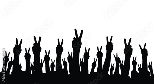 Crowd celebrating victory with black silhouette peace sign hands