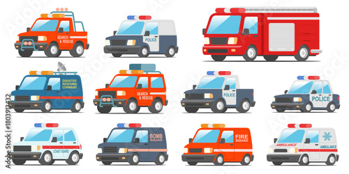 Set of emergency response vehicles in clean flat style, including police, rescue, ambulance, fire, and command units; ideal for infographics, training visuals, and safety materials; vector illustratio