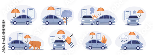 Set of various car insurance situations. Vehicle protection, accidents, tree damage, collision, animal impact, fire damage, and weather-related risks. Vector illustration.