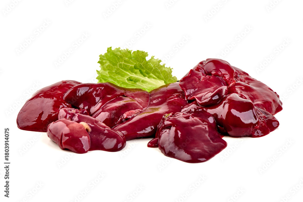 Obraz premium Raw Chicken Liver with Lettuce, isolated on white background