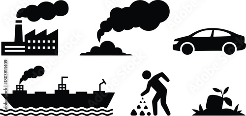 Environmental Pollution Icons: Industry, Transportation, Waste, Ecosystem Harm