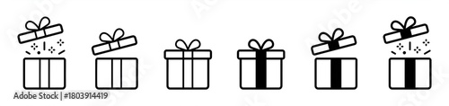 Collection of simple black and white line art gift boxes with bows and ribbons for celebrations