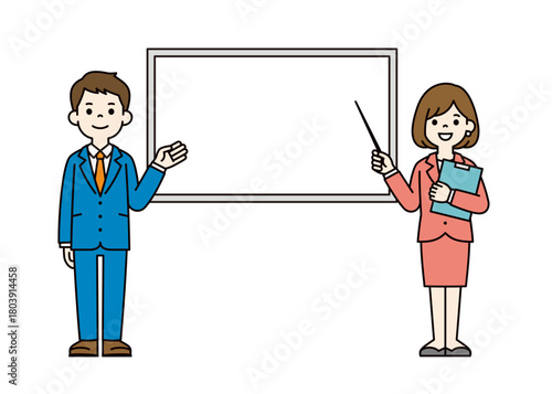 ホワイトボードと、指示棒を持って説明するビジネスパーソンの全身ベクターイラスト素材＿カラー