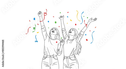 Excited friends celebrate success with colorful confetti and raised hands