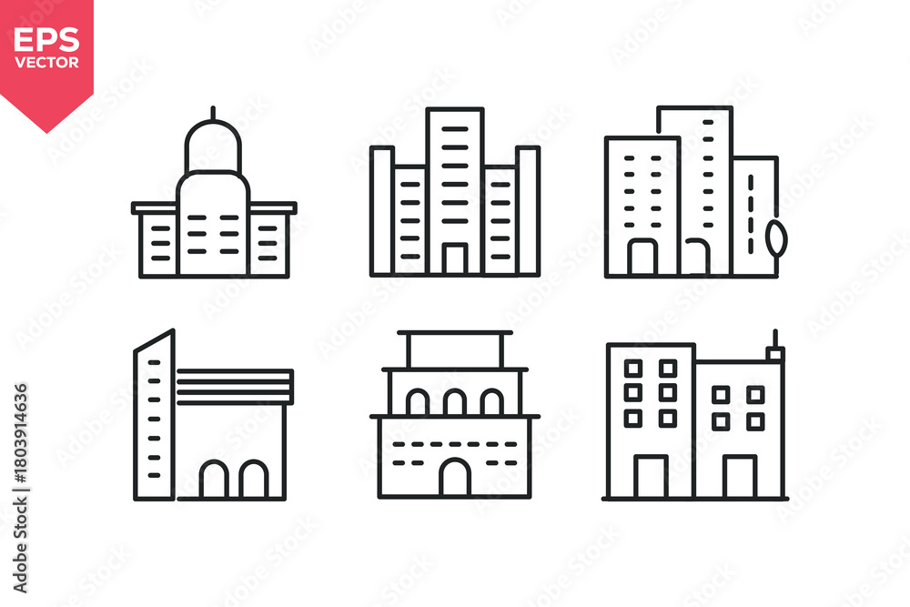 Obraz premium Set of line icons related to townhouse, modern building, office, building cluster. Editable stroke. Vector illustration
