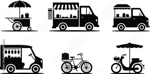 Mobile Business & Delivery Vehicle Icons: Food Trucks, Carts, Vans, Scooters, Bicycles