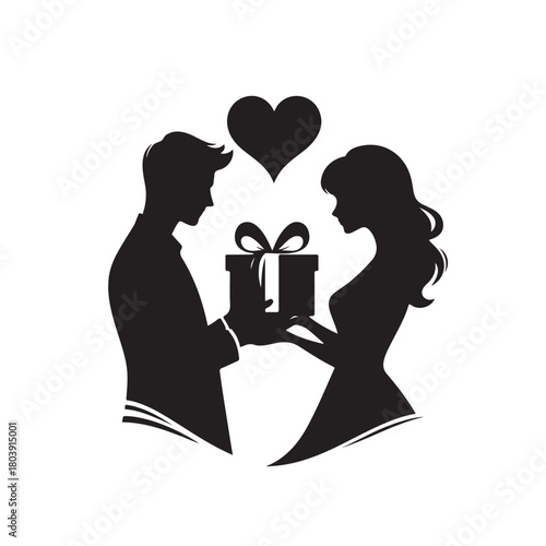 Couple exchanging a gift silhouette