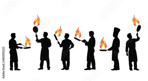 Chefs cooking with flames, dynamic culinary action, professional kitchen skill