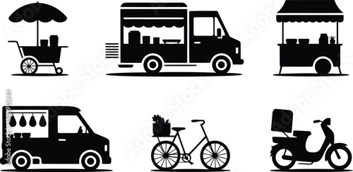 Mobile Business & Delivery Vehicle Icons: Food Trucks, Carts, Vans, Scooters, Bicycles