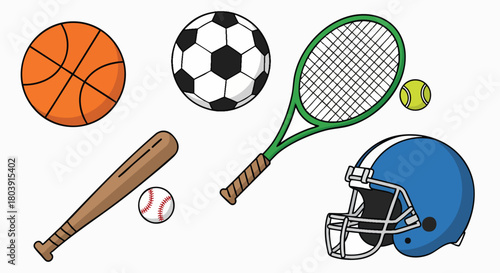Vector illustration of diverse athletic equipment objects flat design style basketball soccer tennis baseball football helmet game play activity sport