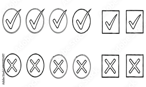 Hand-Drawn Check Marks and Cross Marks Collection for Voting