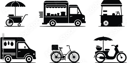 Mobile Business & Delivery Vehicle Icons: Food Trucks, Carts, Vans, Scooters, Bicycles