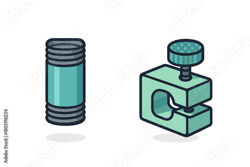 Isometric icons of laboratory equipment featuring a cylindrical container and adjustable clamp tool