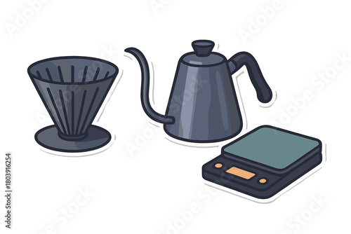 Essential equipment set for pour over coffee brewing including gooseneck kettle dripper and digital scale