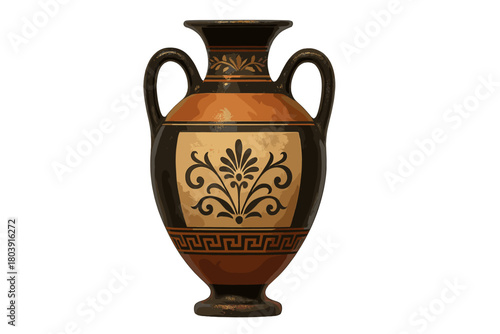 Traditional ancient Greek amphora vase with classical palmette and meander patterns isolated on white background