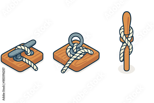 Various nautical knots and rope securing methods on wooden bases and a vertical post