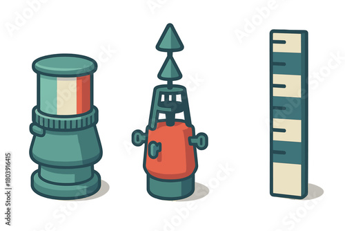 Set of nautical navigation aids including various buoys and channel markers