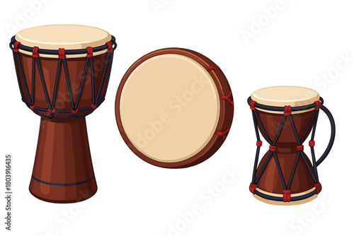 Traditional African Djembe and talking drum percussion instruments set on white background