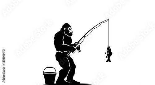 Bigfoot fishing for his dinner with a bucket nearby