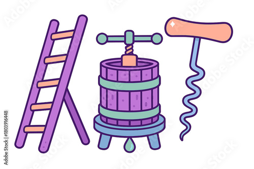 Essential tools for winemaking including a wooden grape press, folding ladder, and corkscrew