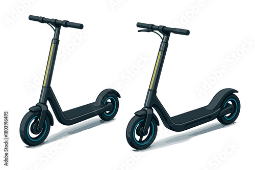 Pair of modern electric kick scooters in dark colors isolated on white background