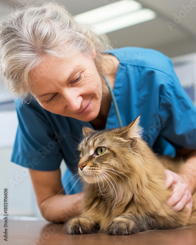 Wallpaper Mural Veterinarian in blue scrubs examines a fluffy brown cat at a veterinary clinic. Routine checkup underway. Torontodigital.ca