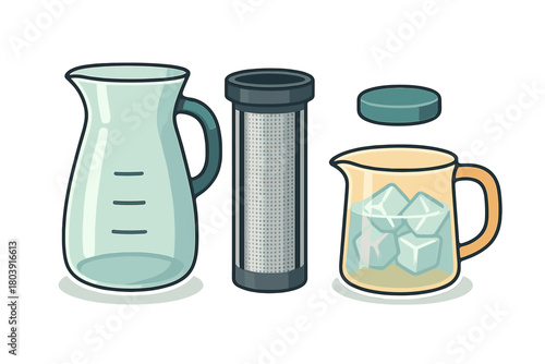 Complete household cold beverage brewing equipment set featuring carafe, filter, and iced pitcher