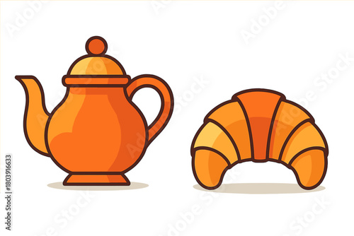 Classic ceramic teapot and baked croissant for breakfast or afternoon tea