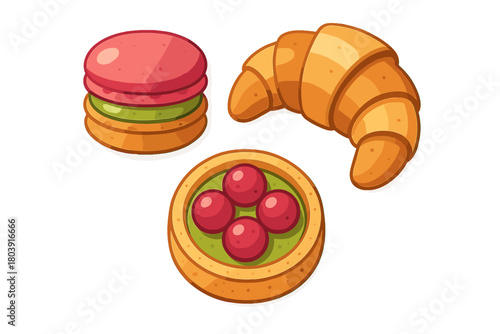 Colorful collection of classic French pastries macaron croissant and berry tart