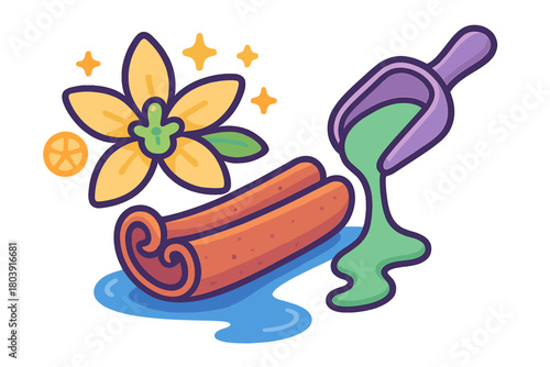 Stylized arrangement of vanilla flower, cinnamon sticks, and sweet green syrup being poured