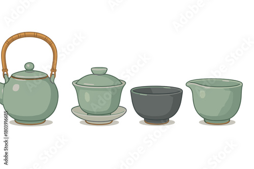 Collection of traditional Chinese ceramic tea ware including teapot gaiwan and bowls