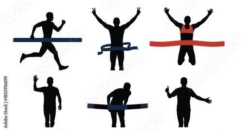 Athletes celebrate crossing the finish line with arms raised in triumph and victory.