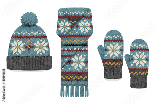 Cozy knitted winter set with beanie hat, scarf, and mittens featuring traditional Nordic snowflake patterns