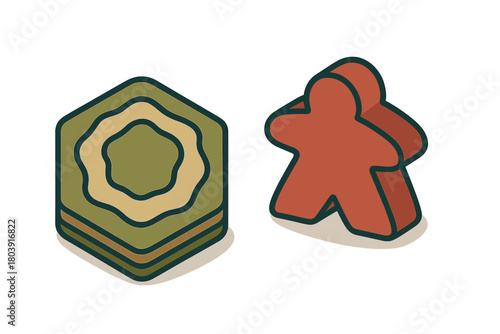 Meeple player piece next to a layered hexagonal resource tile for board games