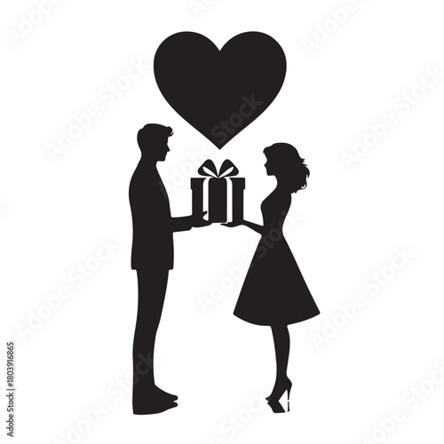 Couple exchanging a gift silhouette