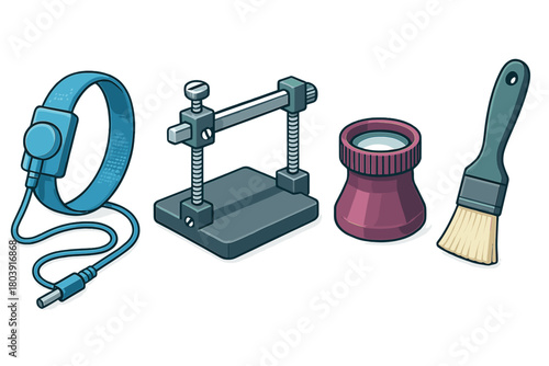 Collection of precision tools including anti-static wrist strap, magnifying loupe, and small vise stand