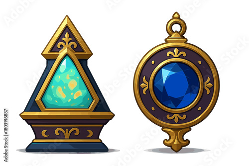 Ornate fantasy game assets with glowing turquoise crystal and faceted blue gemstone pendant