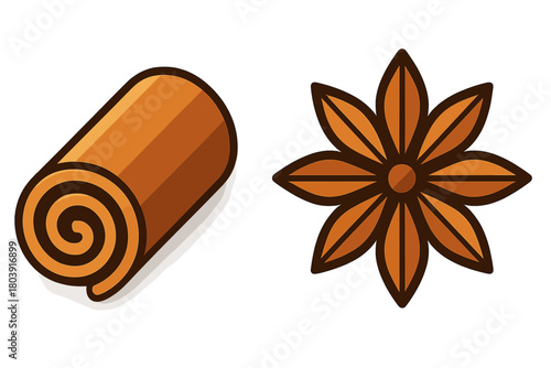 Aromatic culinary spices cinnamon stick and star anise pod for cooking and baking